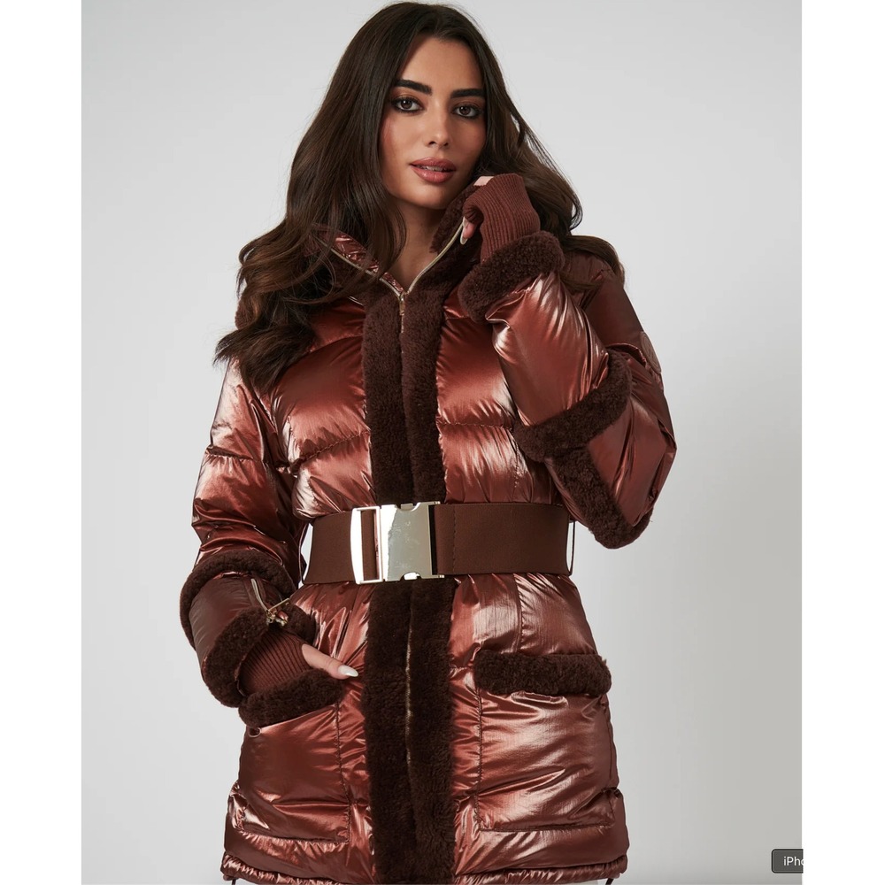 My Sunday Ski Shearling Pioneer Hooded Puffer Ski Jacket Cherry Chocolate sz S‎